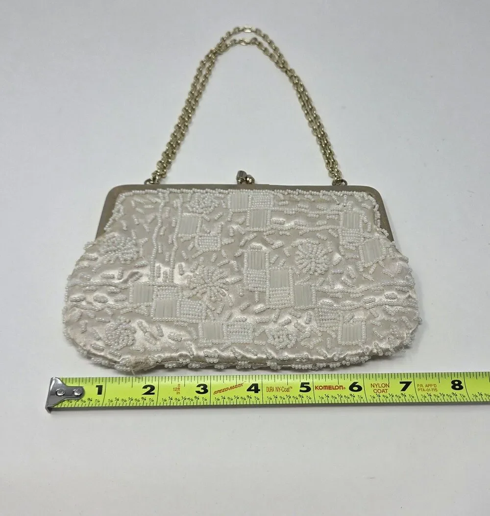 Vintage La Regale Beaded Evening Purse‎ Ivory Satin Kiss Lock Hong Kong Wedding